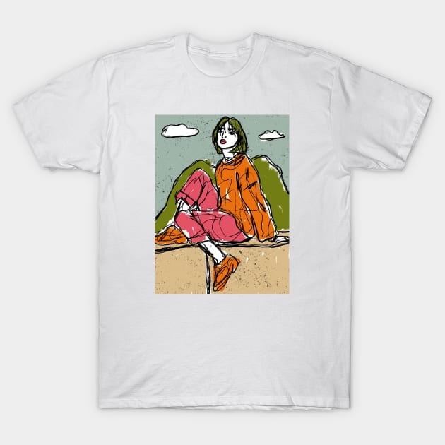 A girl sitting on a balcony T-Shirt by gnomeapple